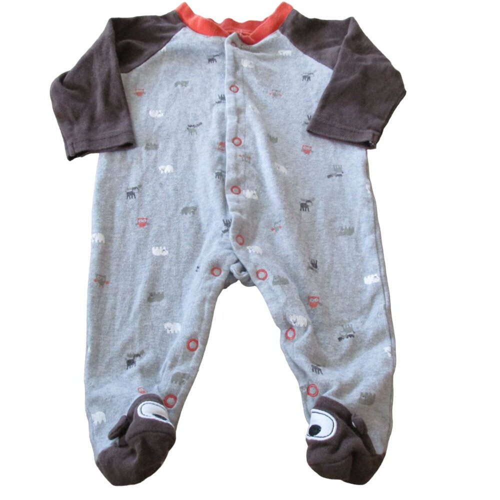 Snap Up Footed Sleeper Infant Boys 3-6M Gray Orange Brown Owl Moose Bear Jammies